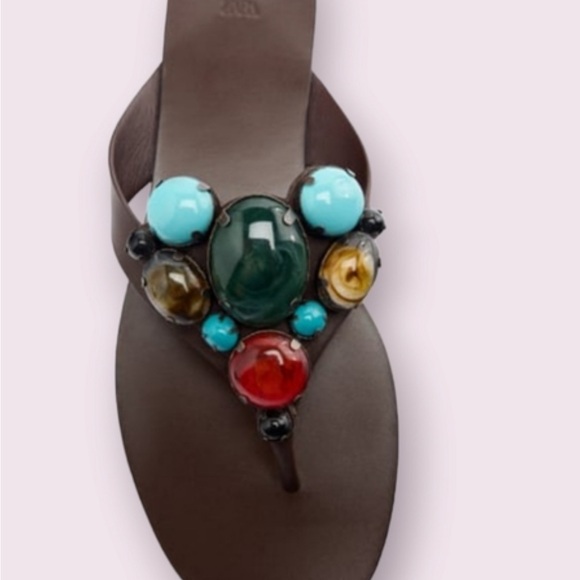 ZARA Beaded Flat Leather Sandal Brown - Picture 9 of 12